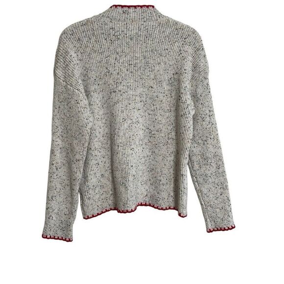 Mock Neck Speckled Ribbed Crochet Heart Pullover Sweater Light Gray Red Medium - Picture 7 of 7